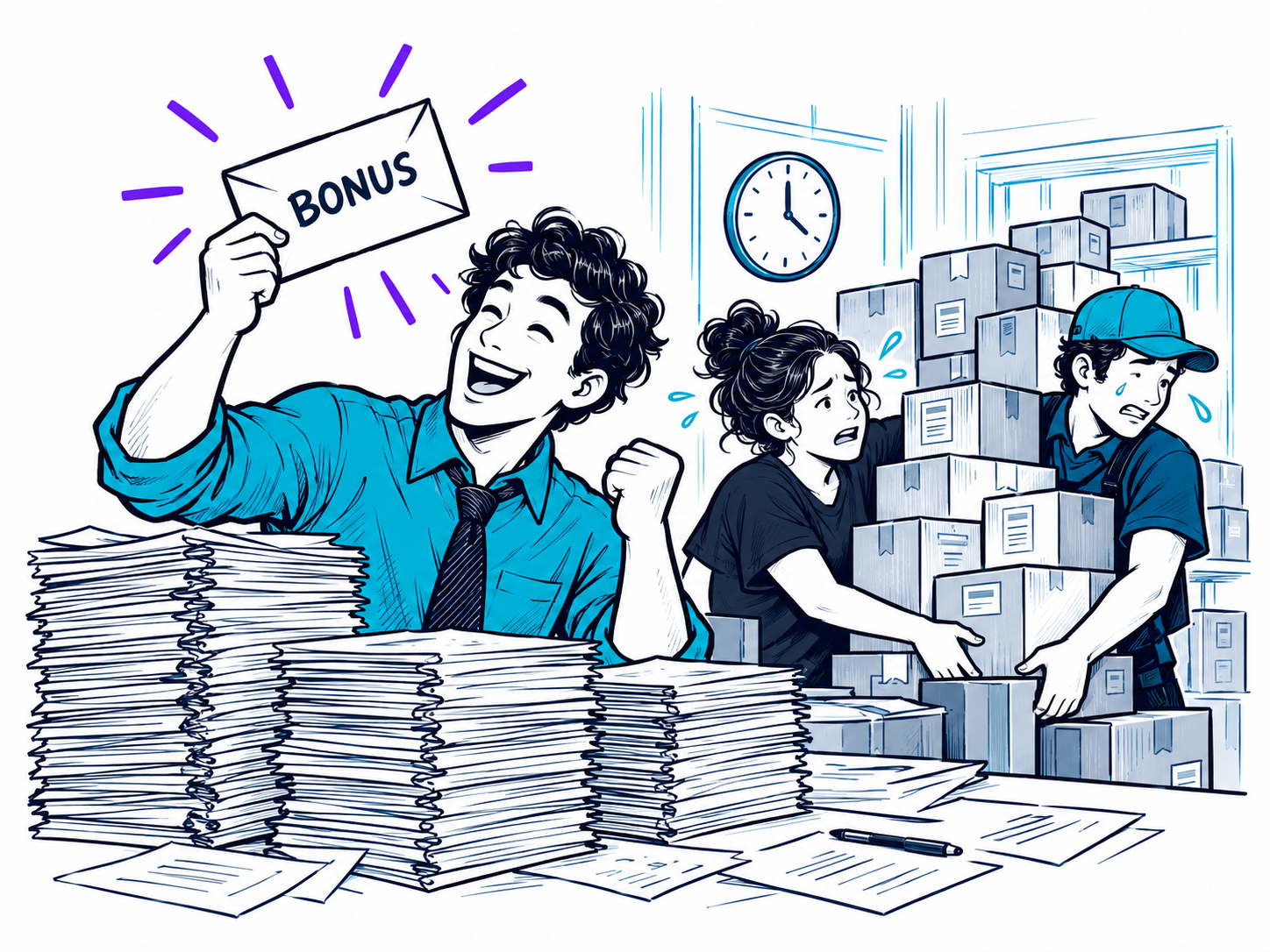 A salesperson celebrates a bonus while two colleagues struggle with a growing stack of orders.
