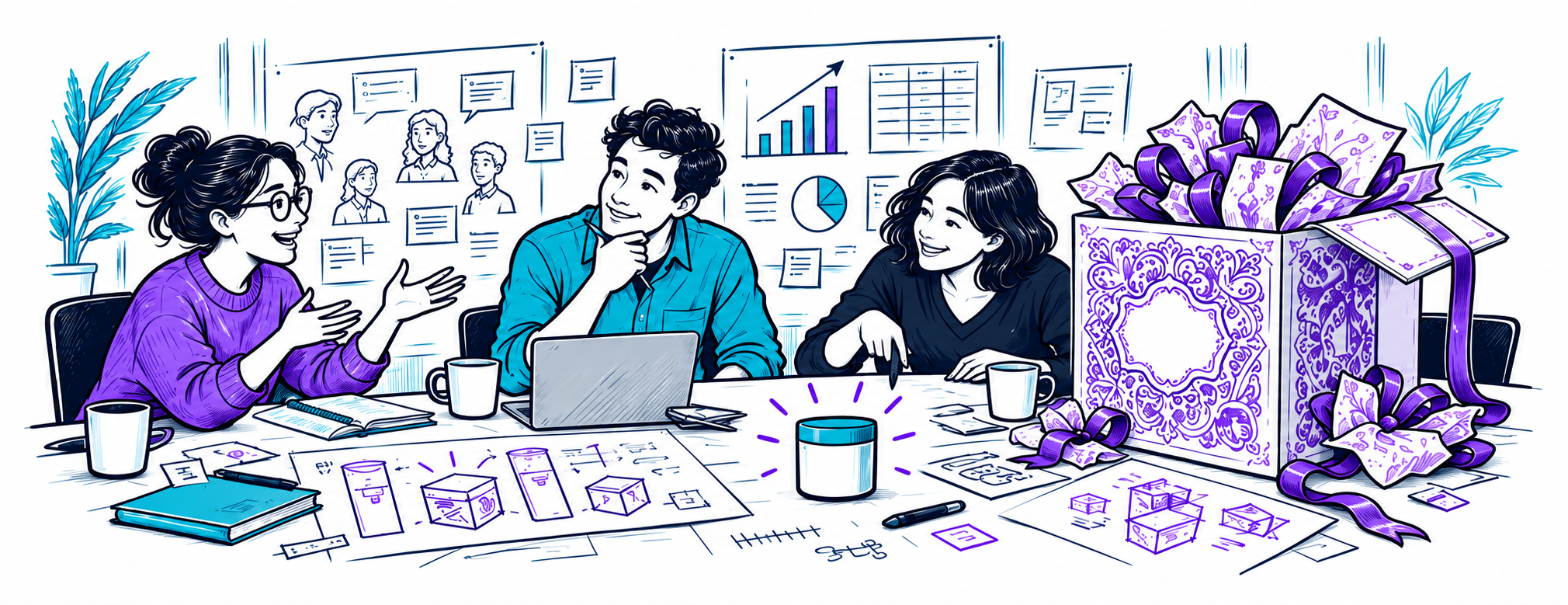 Three colleagues compare creative ideas and financial plans beside an oversized gift package and a small product.
