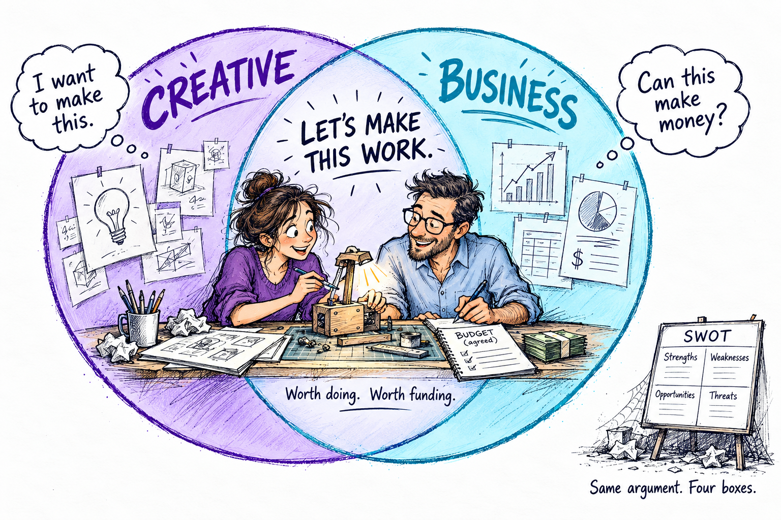 Creative and business priorities overlap: colleagues agree to make work worth doing and worth funding, beside a neglected SWOT chart.