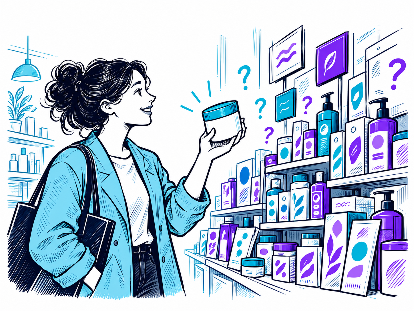 A shopper examines a simple jar beside shelves of competing products and question marks.