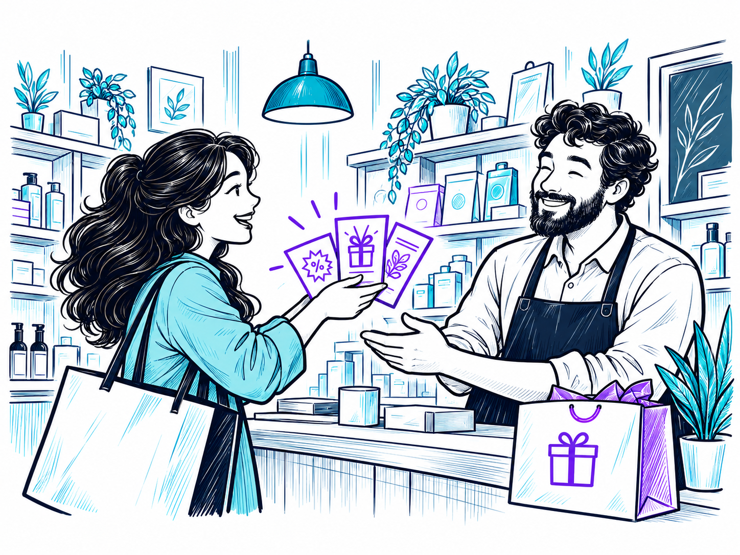 A returning customer and shopkeeper greet each other warmly, illustrating customer trust and recognition.