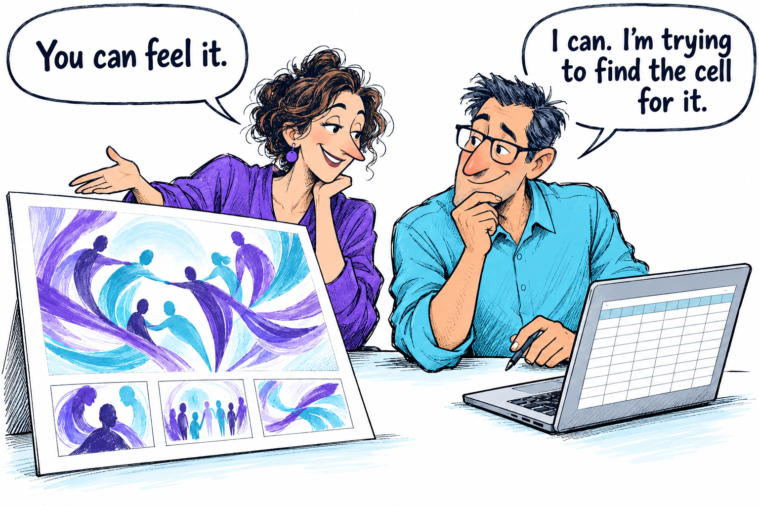 Creative and financial colleagues appreciate a campaign’s intangible value while the financial colleague jokes, “I’m trying to find the cell for it.”